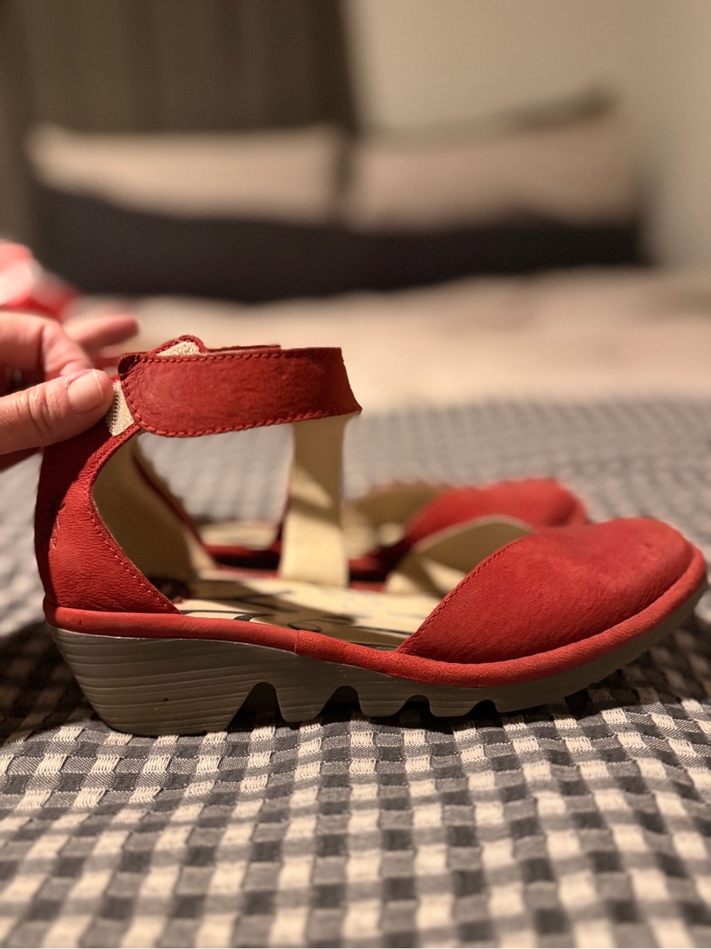 Fly London Red Suede Ankle-Strap Wedge Sandals